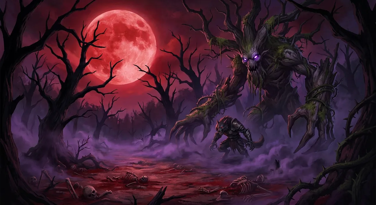 Bloodwood : une forêt maudite sous une lune de sang, un arbre-monstre et un loup-garou parmi les troncs morts