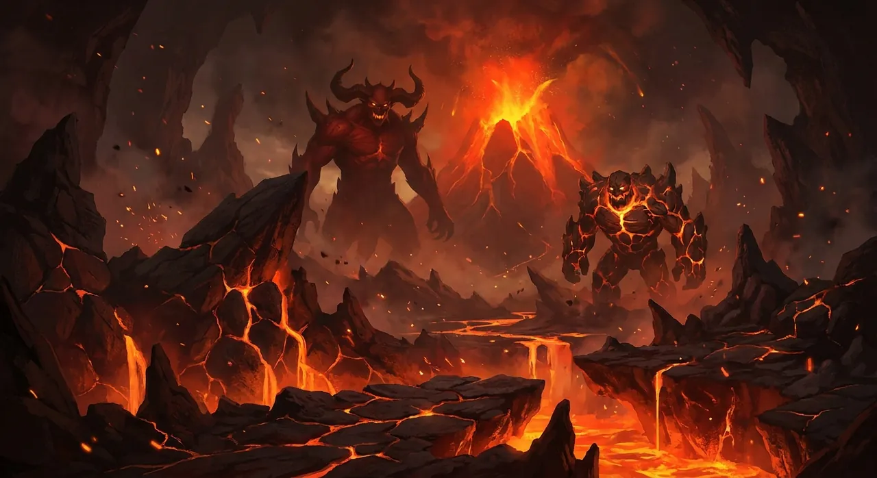 Inferno : une forteresse de basalte sur une mer de lave où rôdent un archidémon cornu et un golem de magma