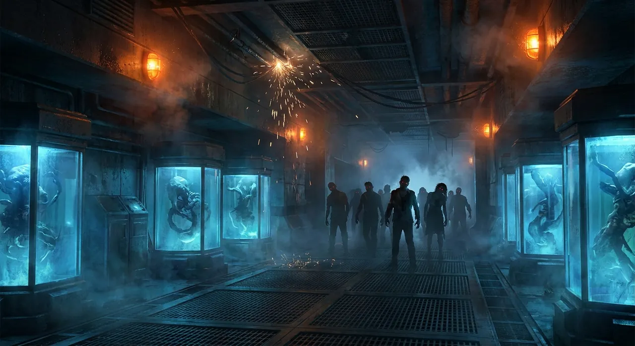 Lunar Bio-Lab : l'Opérateur au milieu des zombies dans les couloirs du laboratoire lunaire aux cuves de confinement