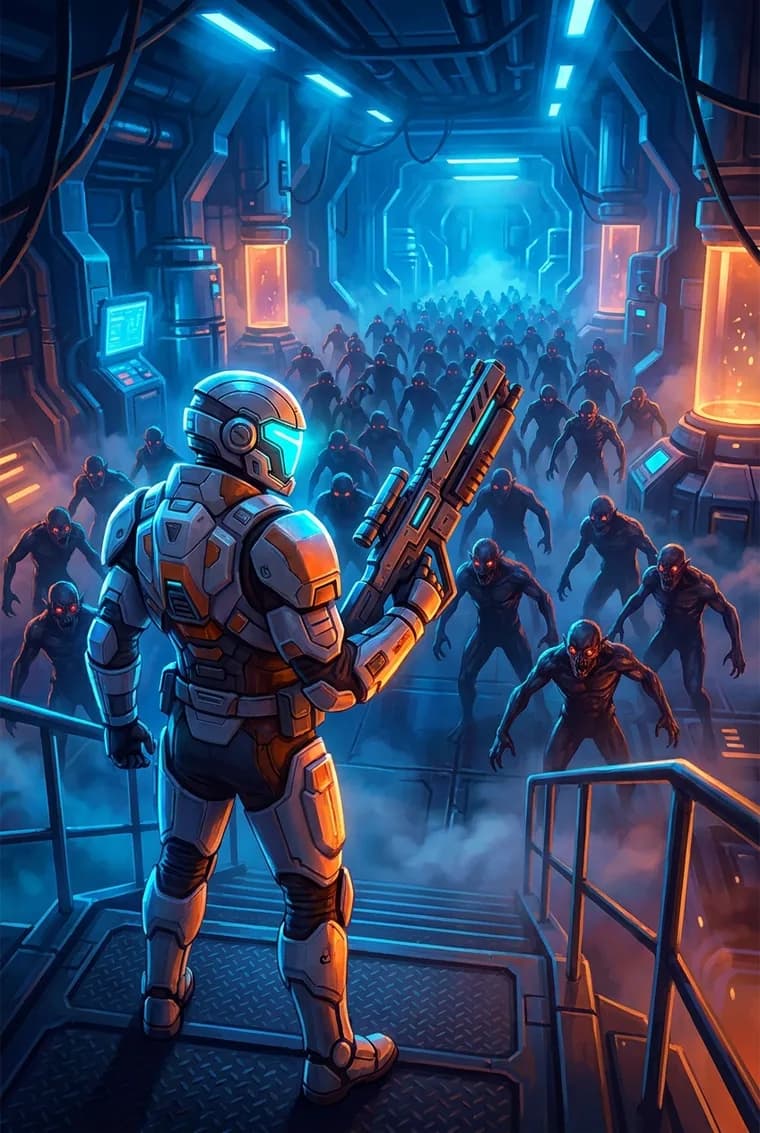 L'Opérateur de D-Ops, casque à visière cyan et fusil au poing, face à une horde de zombies dans la station lunaire
