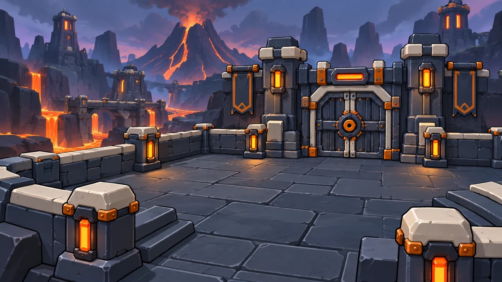 Illustration d’Inferno : une forteresse volcanique entourée de lave