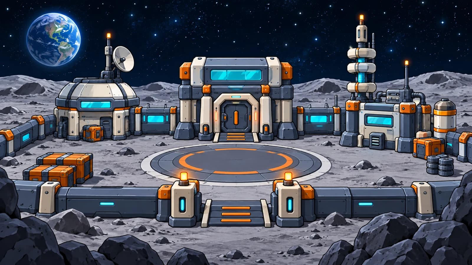 Illustration de Lunar Bio-Lab : la station lunaire et ses bâtiments aux accents cyan