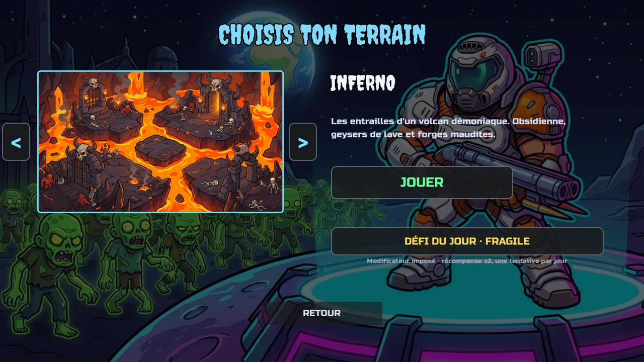 Le choix du terrain, ici Inferno et ses coulées de lave, la horde de zombies massée en contrebas