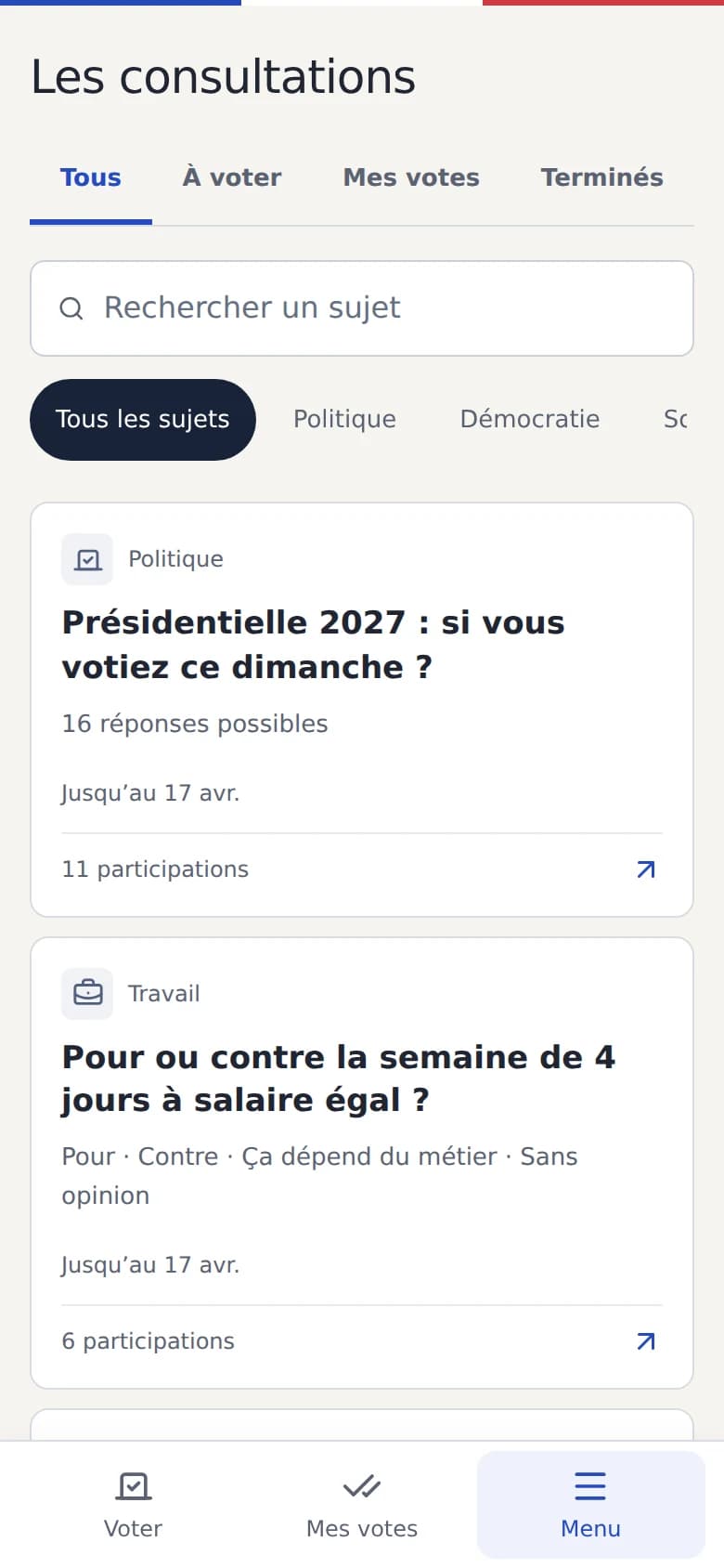 Catalogue je.vote avec recherche, filtres par thème et liste des consultations ouvertes