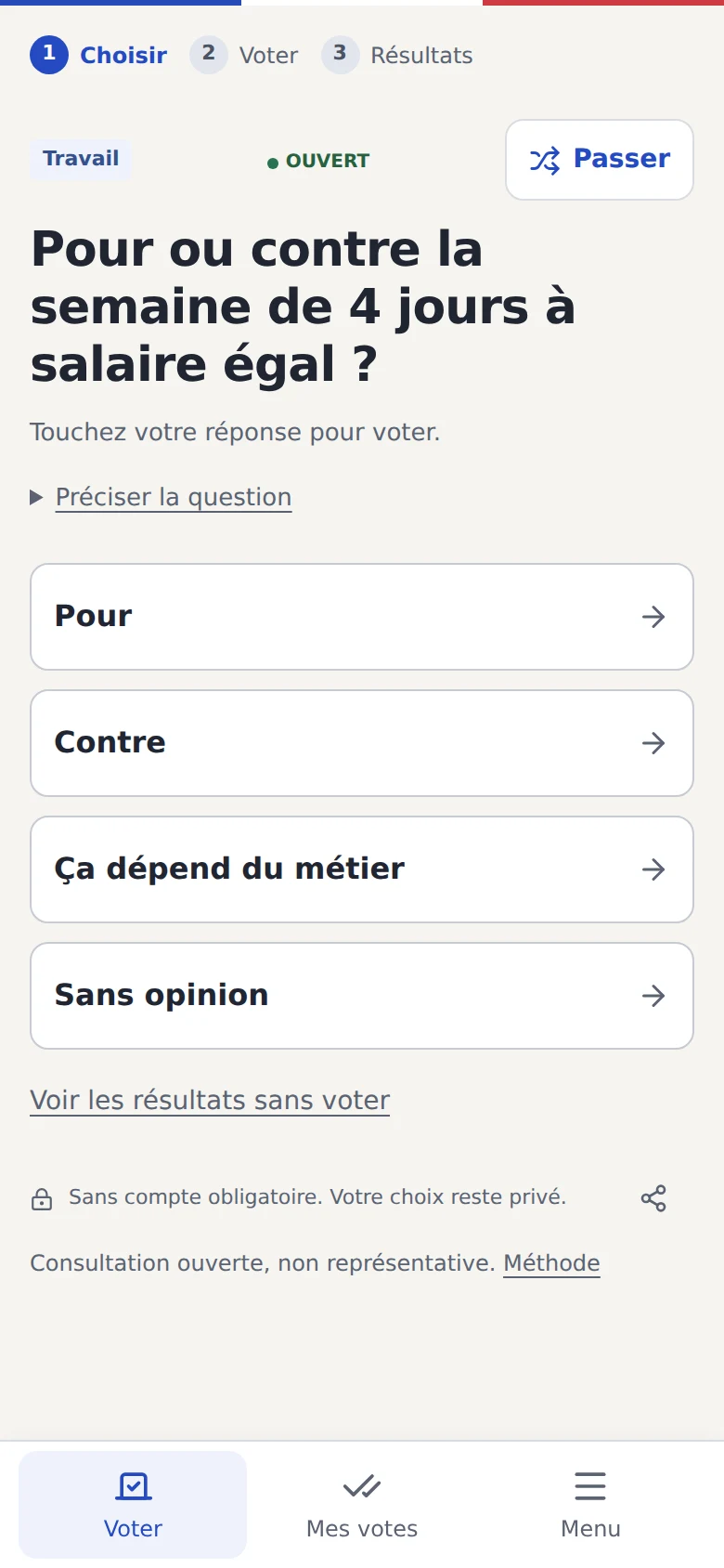 Consultation je.vote sur la semaine de quatre jours, avec les réponses et le bouton Passer