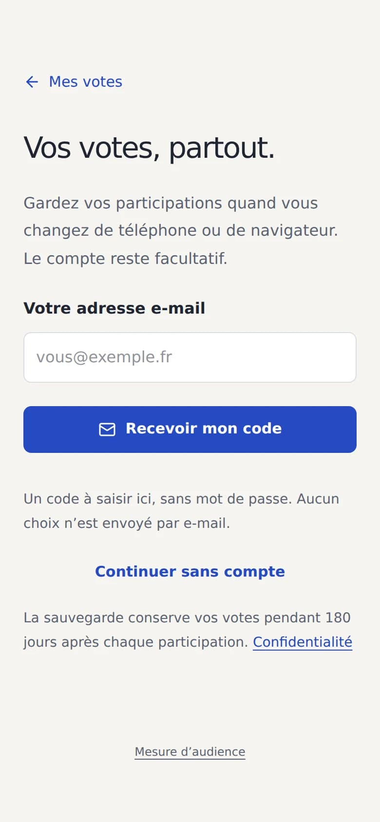 Écran de sauvegarde facultative je.vote par code e-mail, avec possibilité de continuer sans compte